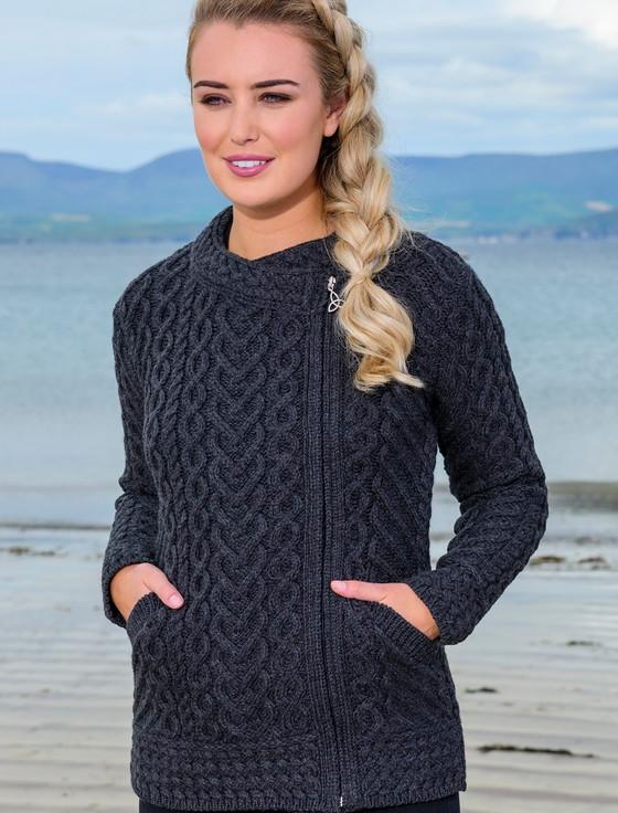 Aran Cashmere Merino Wool Side Zip Aran Cardigan‎‎