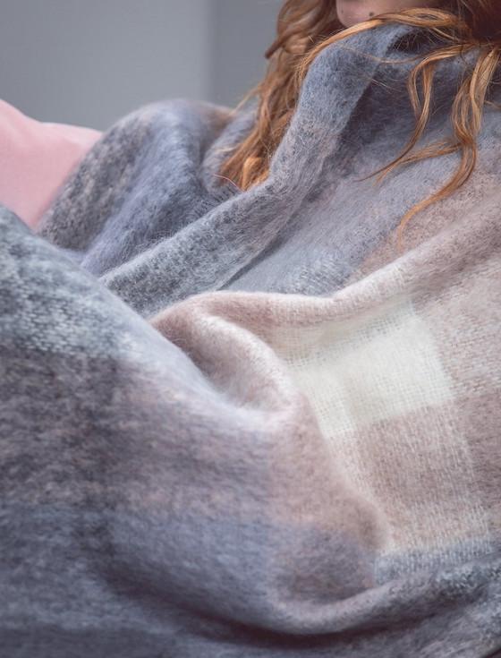 Aran Cashmere Mohair Throw - Dark Grey & Cream Check