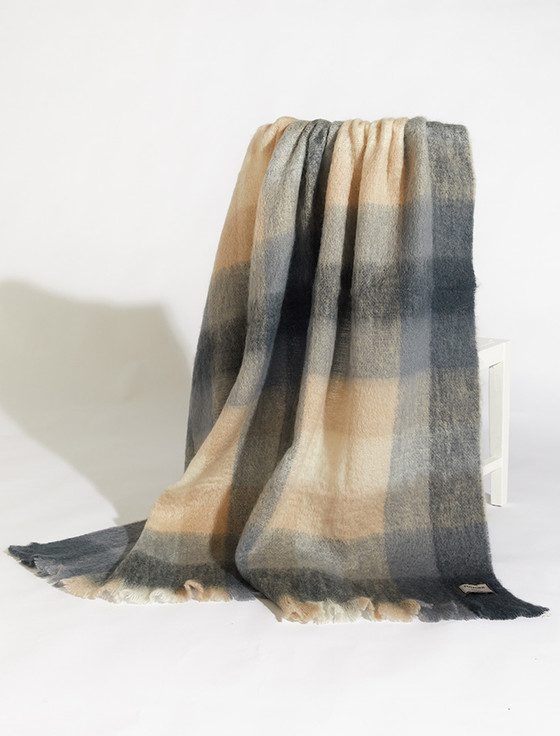 aran cashmere Mohair Throw - Dark Grey & Cream Check