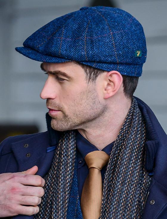 aran cashmere Mucros 8 Panel Driving Cap - Denim