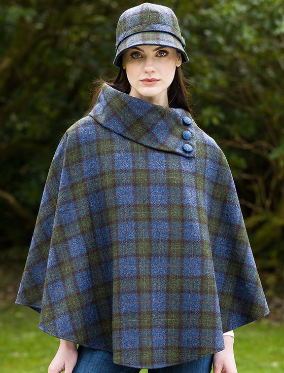 Aran Cashmere Mucros Tweed Poncho - Blue Green & Wine
