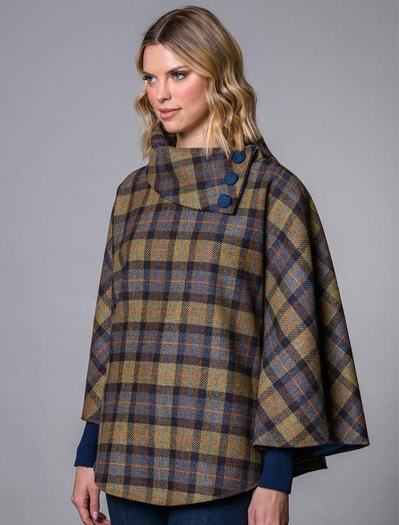 Aran Cashmere Mucros Tweed Poncho - Blue Mustard
