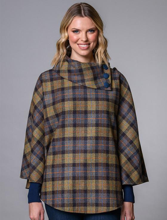 aran cashmere Mucros Tweed Poncho - Blue Mustard