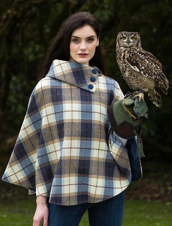 Aran Cashmere Mucros Tweed Poncho - Cream Navy & Beige