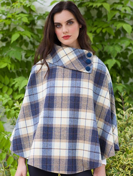 Aran Cashmere Mucros Tweed Poncho - Cream Navy & Beige