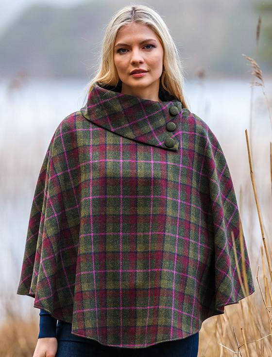 Aran Cashmere Mucros Tweed Poncho - Green Red Pink