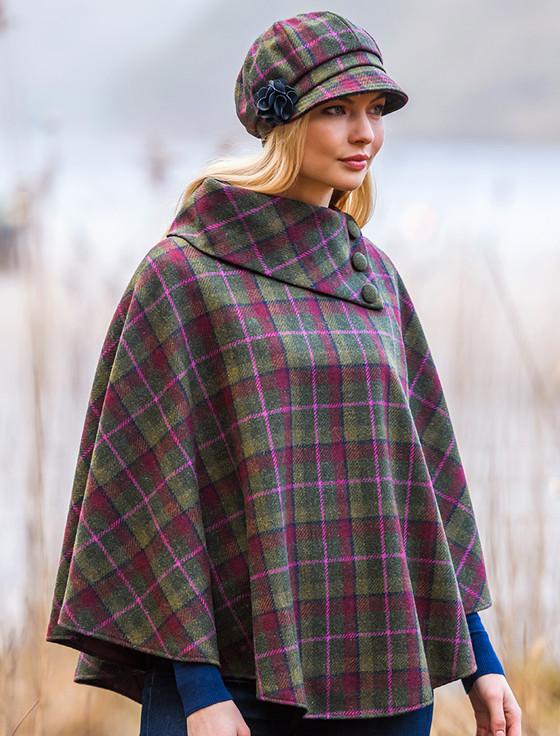 Aran Cashmere Mucros Tweed Poncho - Green Red Pink