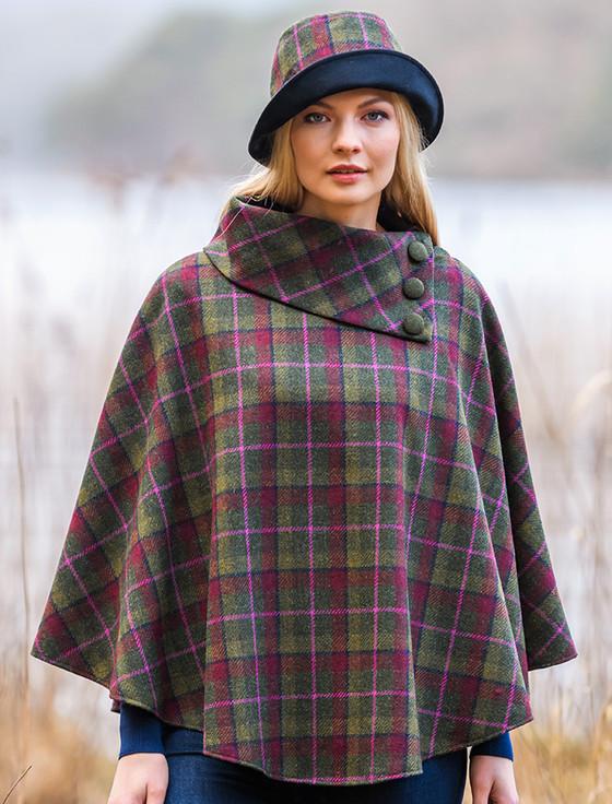 Aran Cashmere Mucros Tweed Poncho - Green Red Pink