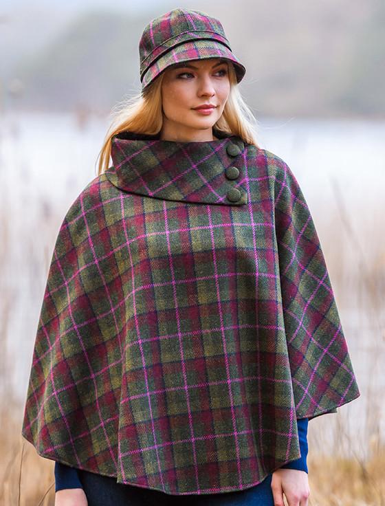 aran cashmere Mucros Tweed Poncho - Green Red Pink