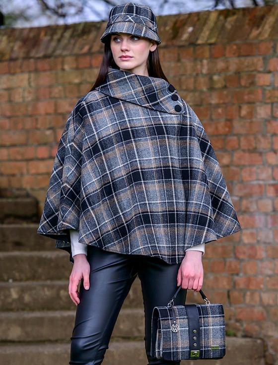Aran Cashmere Mucros Tweed Poncho - Grey & Black Plaid