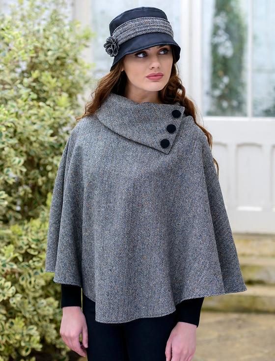 Aran Cashmere Mucros Tweed Poncho - Grey Herringbone