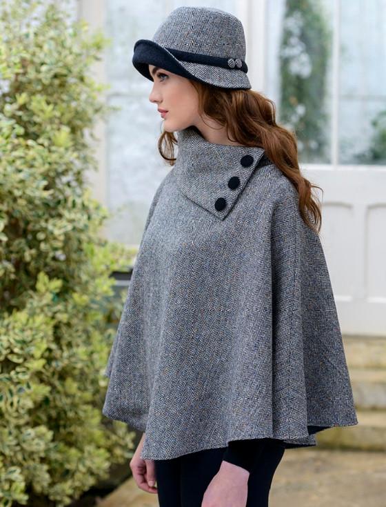 Aran Cashmere Mucros Tweed Poncho - Grey Herringbone