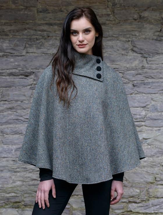 Aran Cashmere Mucros Tweed Poncho - Grey Herringbone