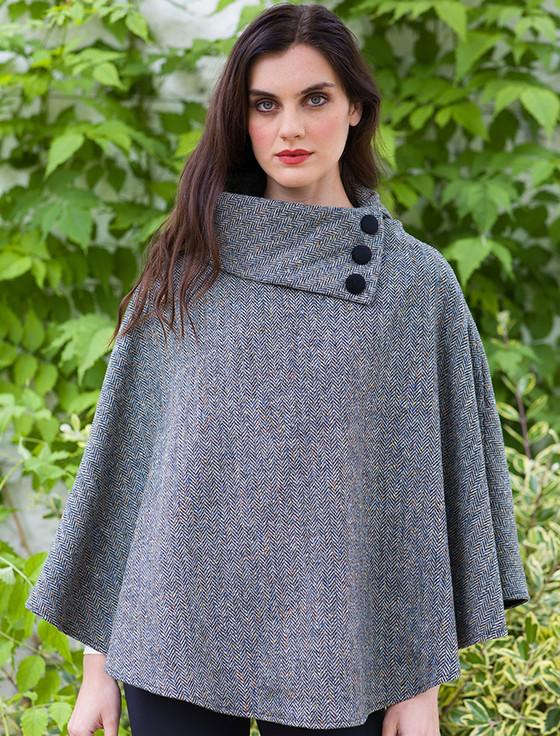 aran cashmere Mucros Tweed Poncho - Grey Herringbone