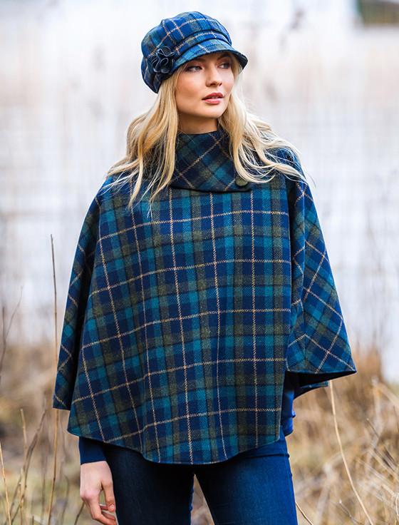 aran cashmere Mucros Tweed Poncho - Navy Sky & Green