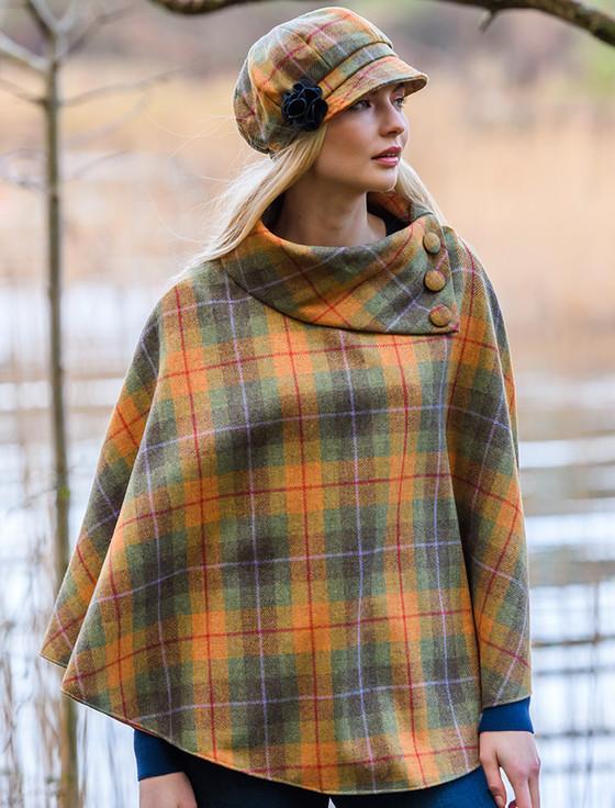 Aran Cashmere Mucros Tweed Poncho - Orange Green