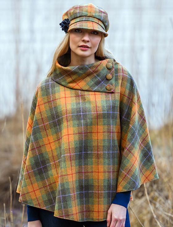 aran cashmere Mucros Tweed Poncho - Orange Green