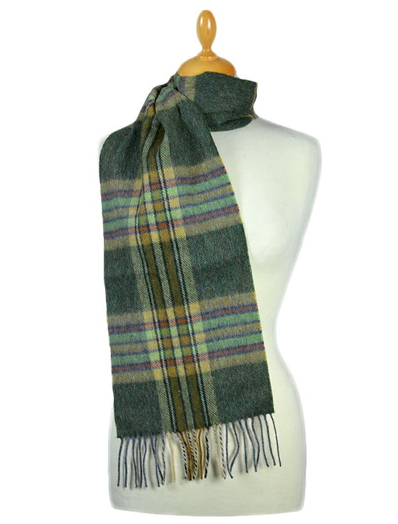 aran cashmere Narrow Lambswool Plaid Scarf - Olive