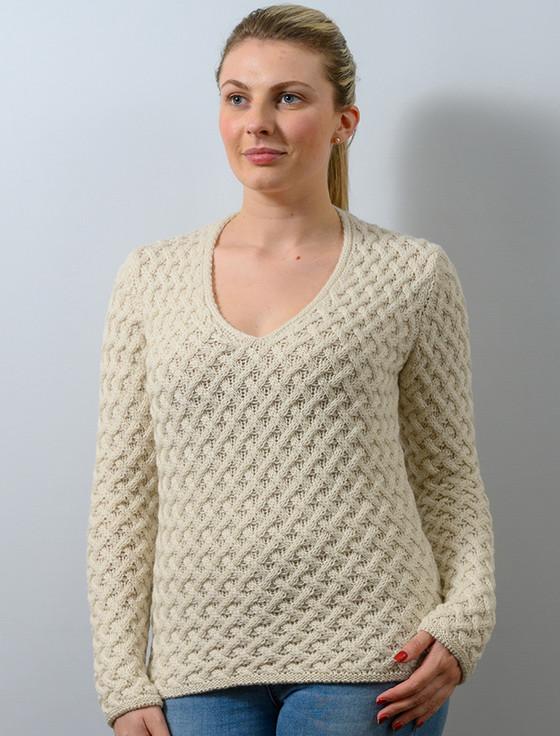 Aran Cashmere Open Neck Merino Trellis Sweater
