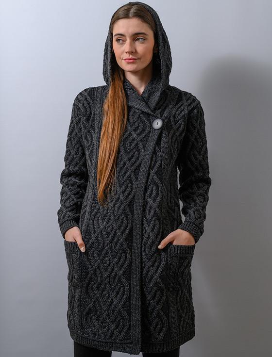 Aran Cashmere Plaited One Button Coat With Hood