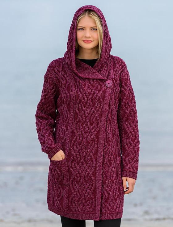 aran cashmere Plaited One Button Coat with Hood‎‎