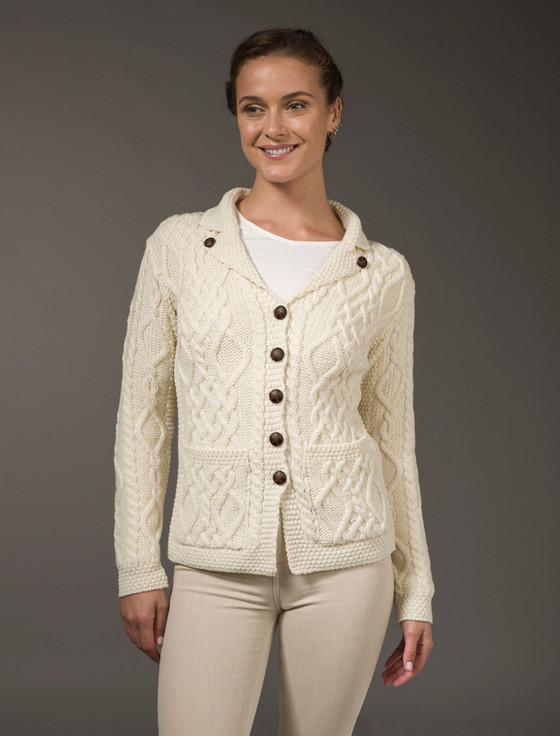Aran Cashmere Revere Button Collar Aran Cardigan
