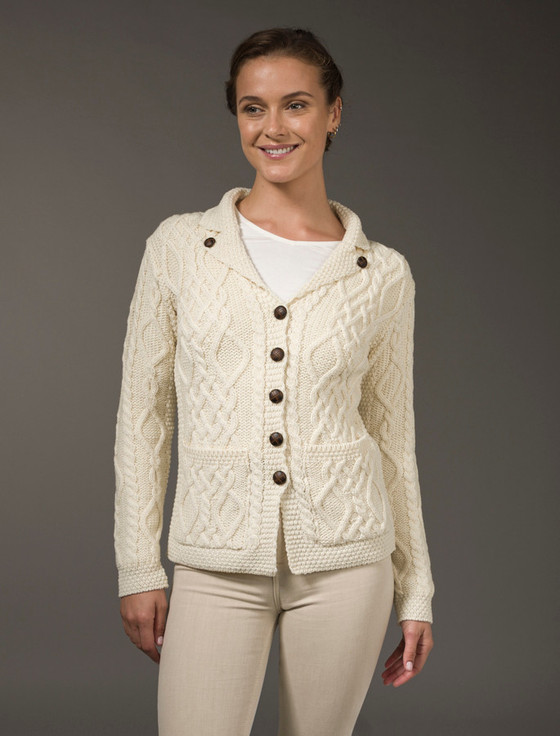 Aran Cashmere Revere Button Collar Aran Cardigan‎‎‎