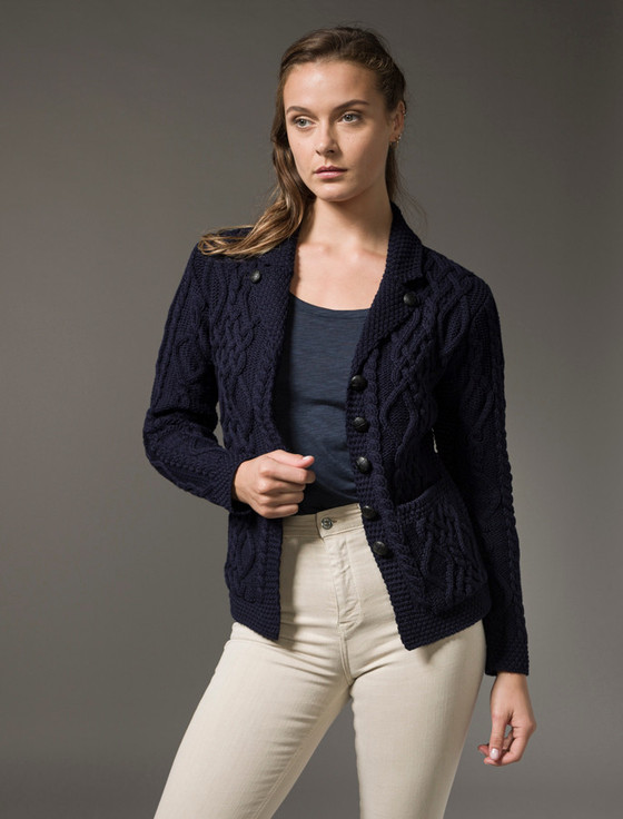 Aran Cashmere Revere Button Collar Aran Cardigan‎‎‎‎‎‎‎