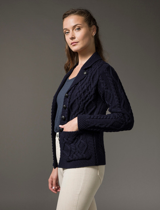 Aran Cashmere Revere Button Collar Aran Cardigan‎‎‎‎‎‎‎