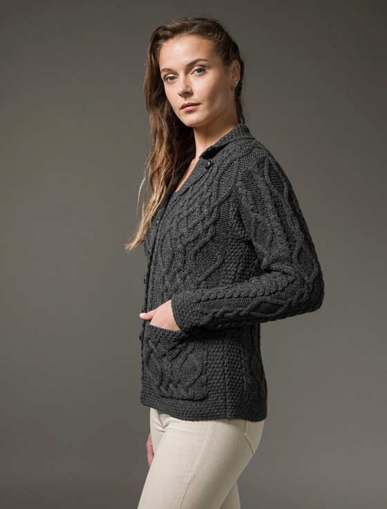 Aran Cashmere Revere Button Collar Aran Cardigan‎‎‎‎