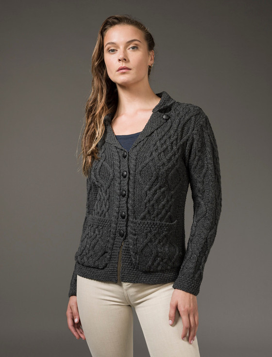 aran cashmere Revere Button Collar Aran Cardigan‎‎‎‎