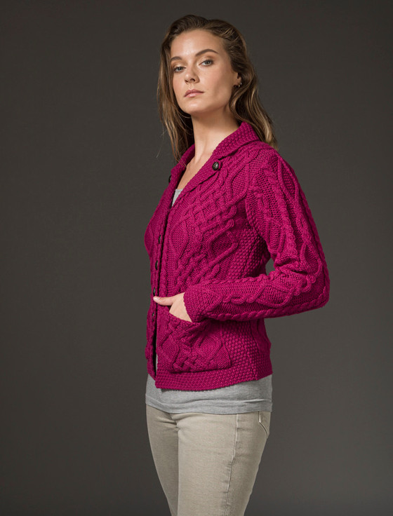 Aran Cashmere Revere Button Collar Aran Cardigan‎‎‎‎‎‎‎‎