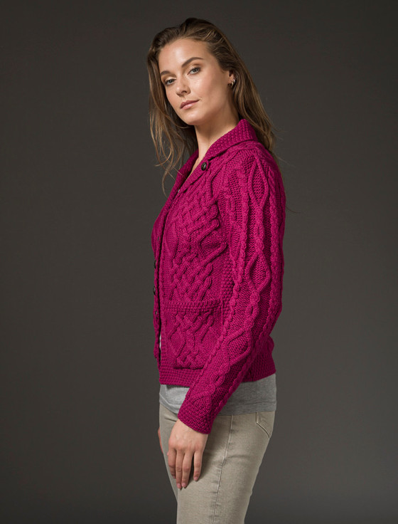 Aran Cashmere Revere Button Collar Aran Cardigan‎‎‎‎‎‎‎‎