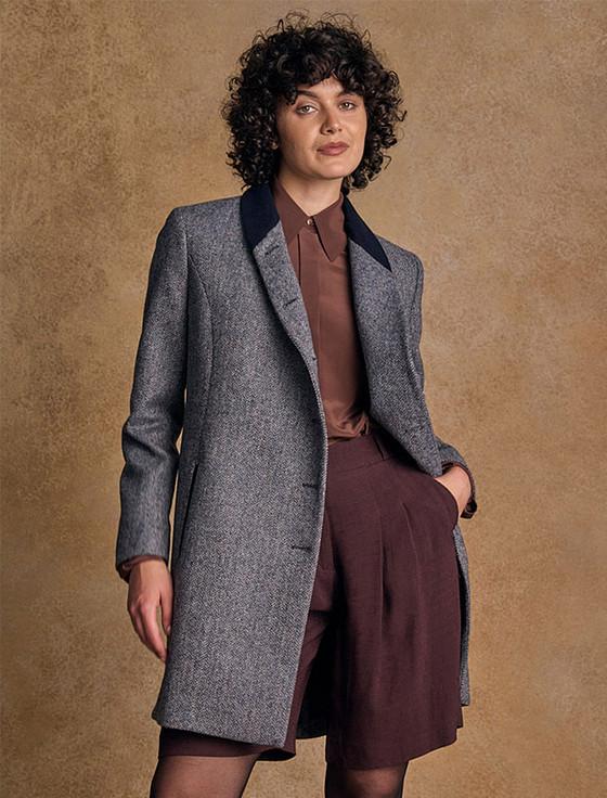 aran cashmere Robin Tweed Coat - Denim Herringbone