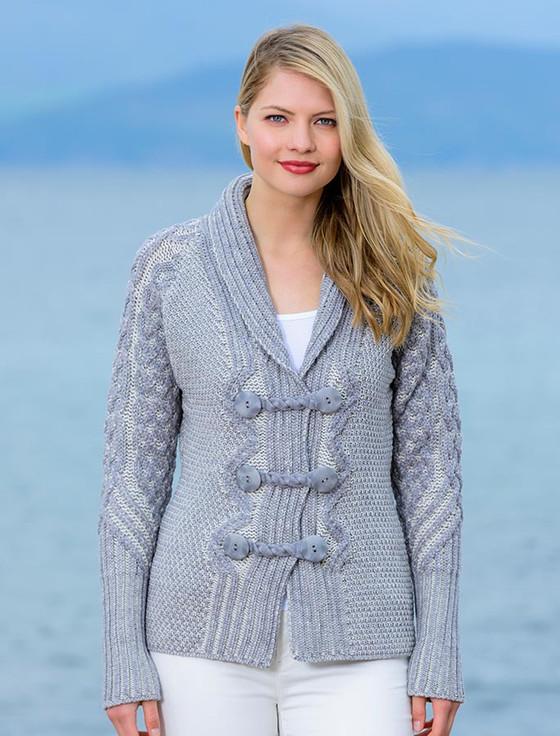 Aran Cashmere Shawl Neck Two-Tone Merino Cardigan‎