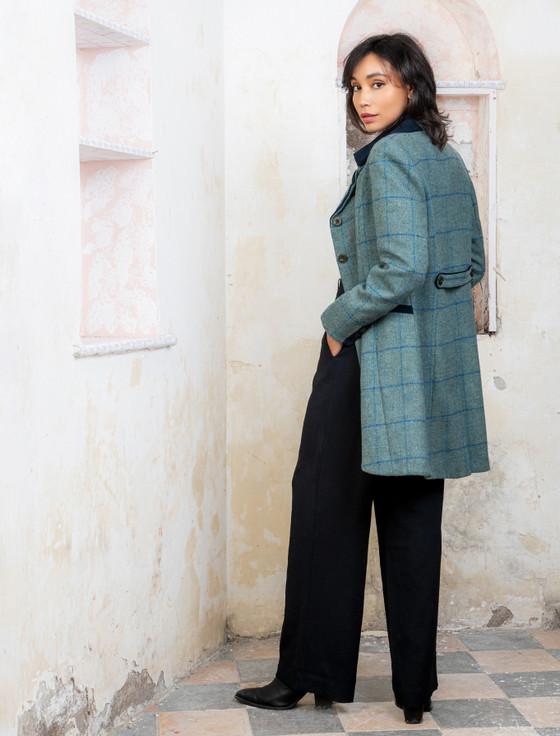 Aran Cashmere Sinead Tweed Coat - Light Teal Check