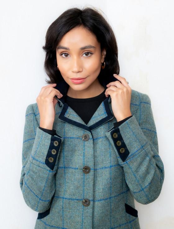 Aran Cashmere Sinead Tweed Coat - Light Teal Check