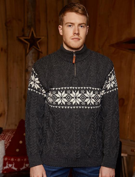 aran cashmere ‎Snowfla‎ke Zip-Neck A‎ran Sweater