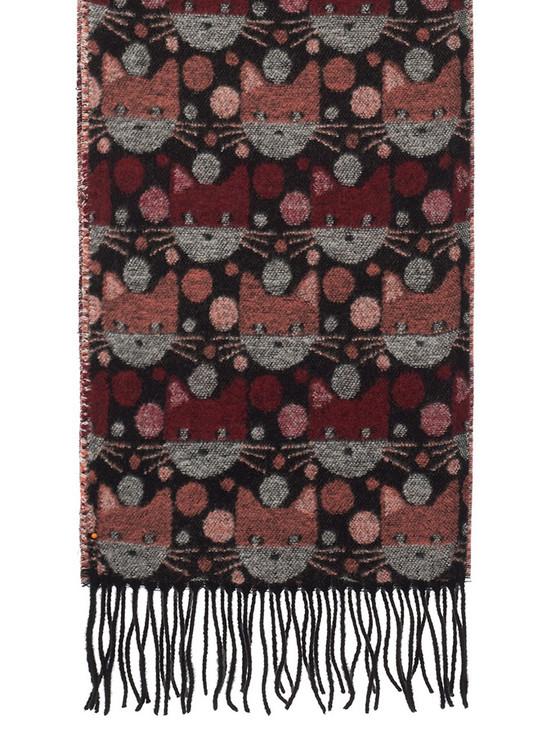 Aran Cashmere Soft Cat Motif Fringed Scarf - Berry