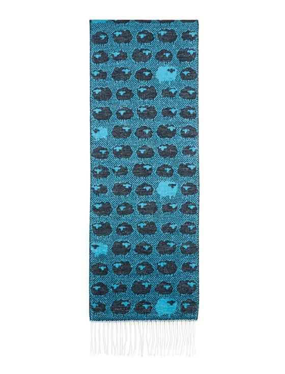 Aran Cashmere Soft Sheep Motif Fringed Scarf - Blue