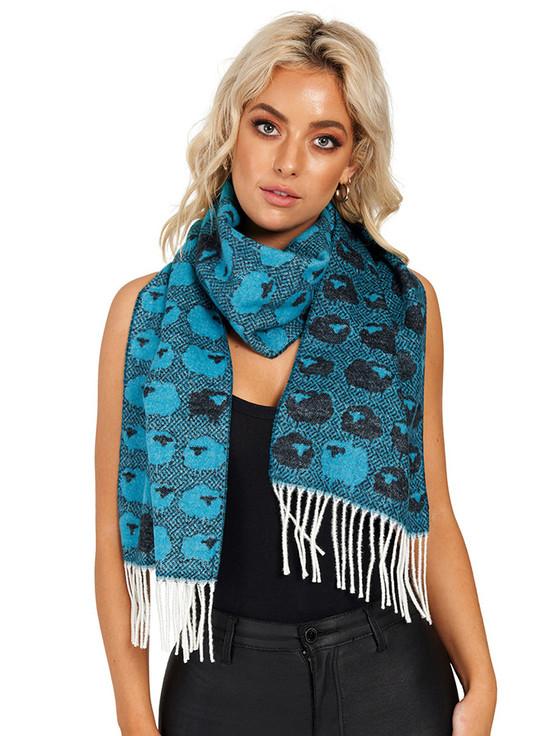 aran cashmere Soft Sheep Motif Fringed Scarf - Blue