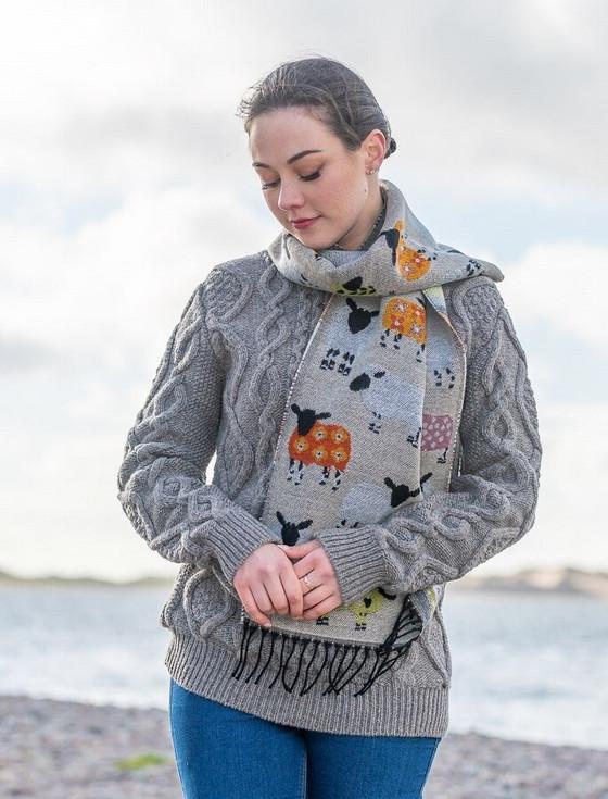 Aran Cashmere Super Soft Fringed Scarf - Sheep Motif