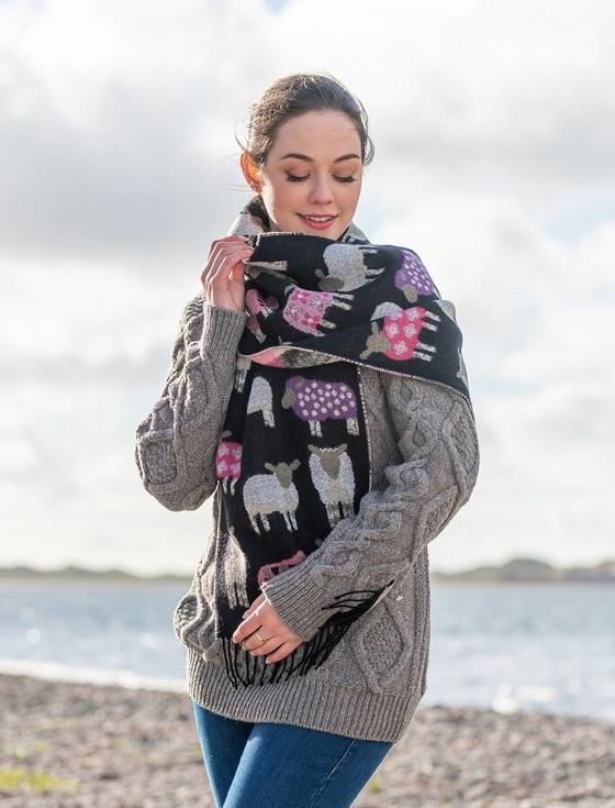 Aran Cashmere Super Soft Fringed Scarf - Sheep Motif