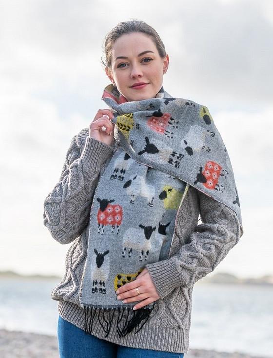 Aran Cashmere Super Soft Fringed Scarf - Sheep Motif