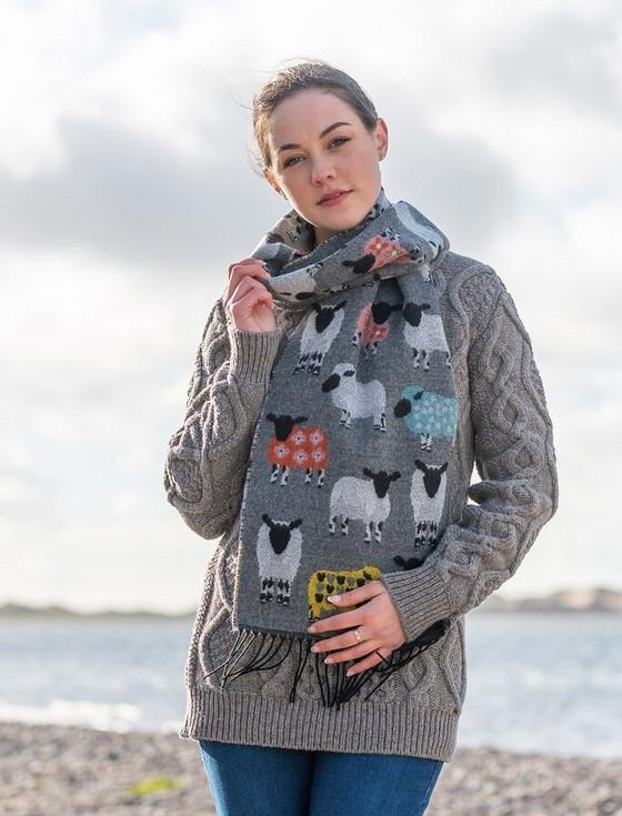 aran cashmere Super Soft Fringed Scarf - Sheep Motif