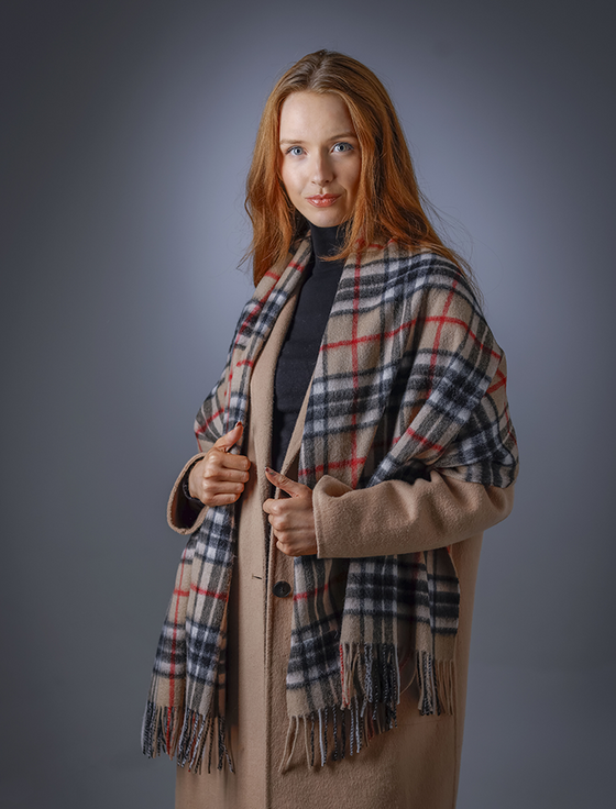 Aran Cashmere Tartan Wool Stole - Camel