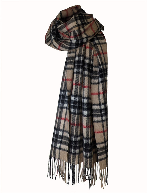 Aran Cashmere Tartan Wool Stole - Camel