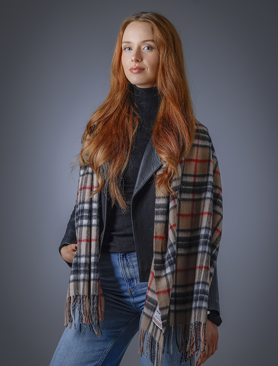 aran cashmere Tartan Wool Stole - Camel