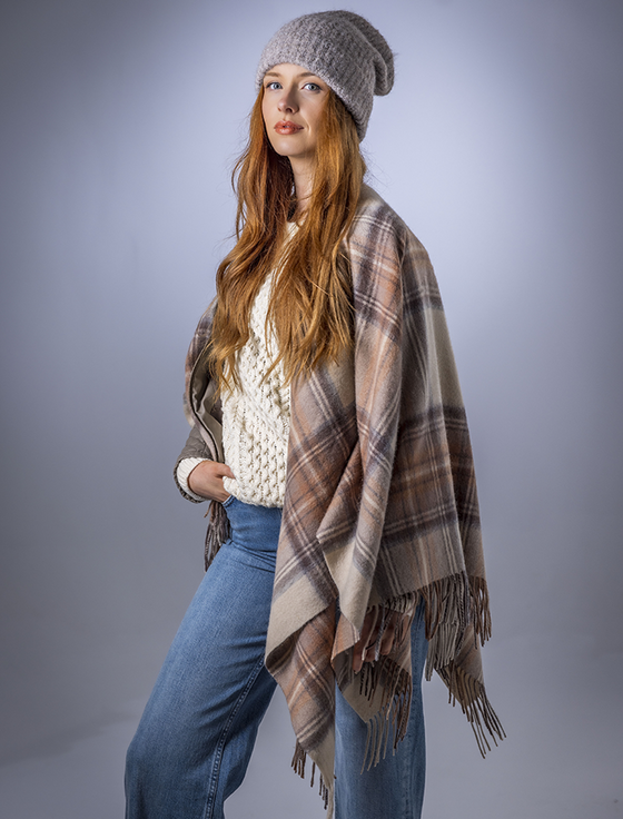 Aran Cashmere Tartan Wool Stole - Natural Stewart