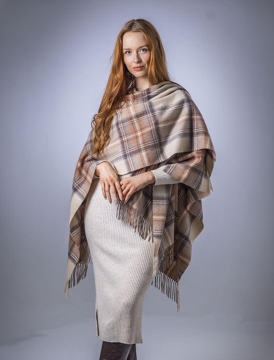 aran cashmere Tartan Wool Stole - Natural Stewart